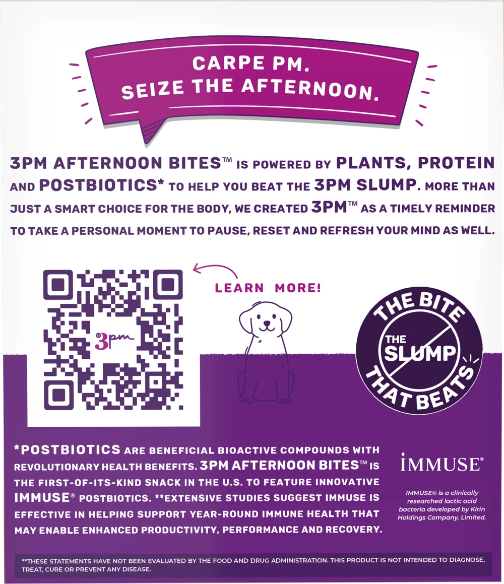 Back of the 3pm Afternoon Bites box: Carpe PM. Seize the afternoon. Powered by plants, protein and postbiotics.